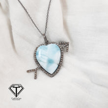 Load image into Gallery viewer, Pave Diamond Larimar Heart Pendant, 925 Sterling Silver, Pave Diamond Jewelry, Handmade Jewelry