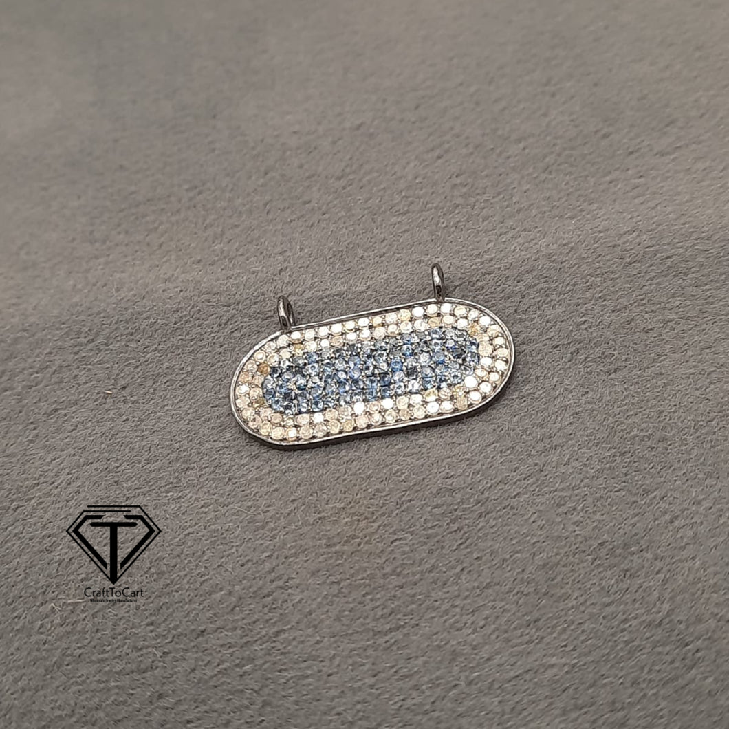 Bar Connector Pendant, Pave Blue Sapphire Rectangle Bar Connector Pendant, Single Cut Diamond Connector