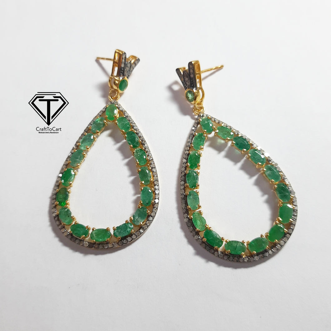 Pave Diamond Green Emerald Drop Silver Earring