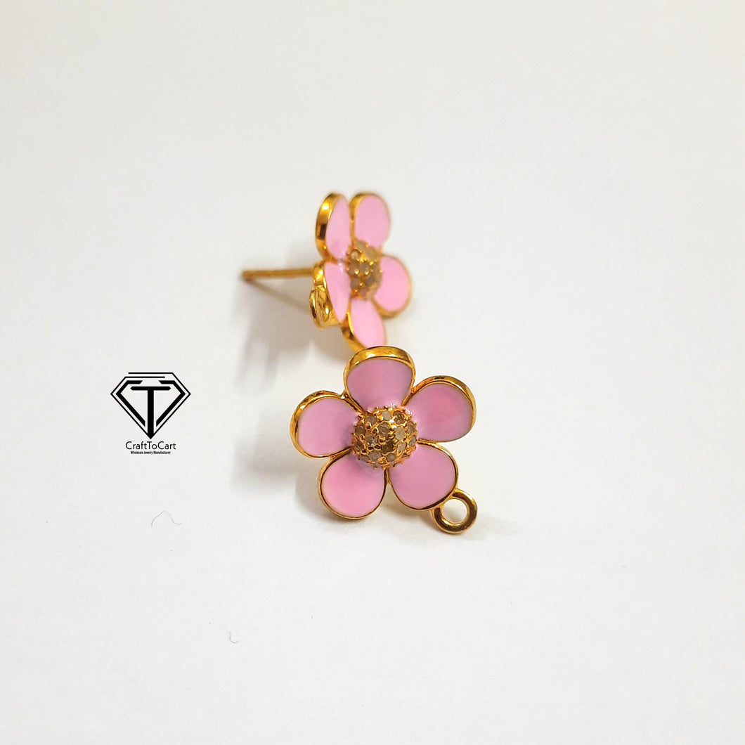 Flower Enamel Stud Earrings, Mini Sterling Stud, Pave Diamond Earrings, Pave Diamond Jewelry