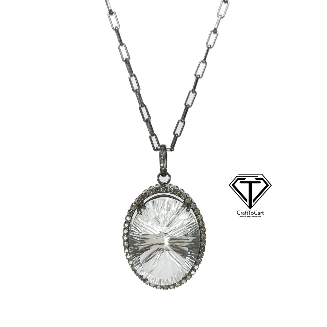 Pave Diamond Brilliant Concave Cut Cristal Pendant, 925 Sterling Silver, Diamond Findings, Pave Diamond Jewelry