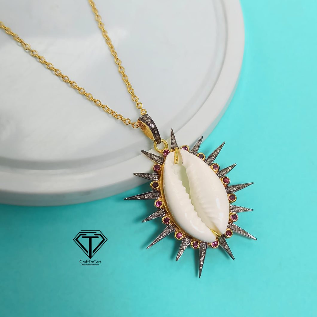 Cowrie Pendant, Pave Diamond Sea Shell Pendant, Handmade Jewelry