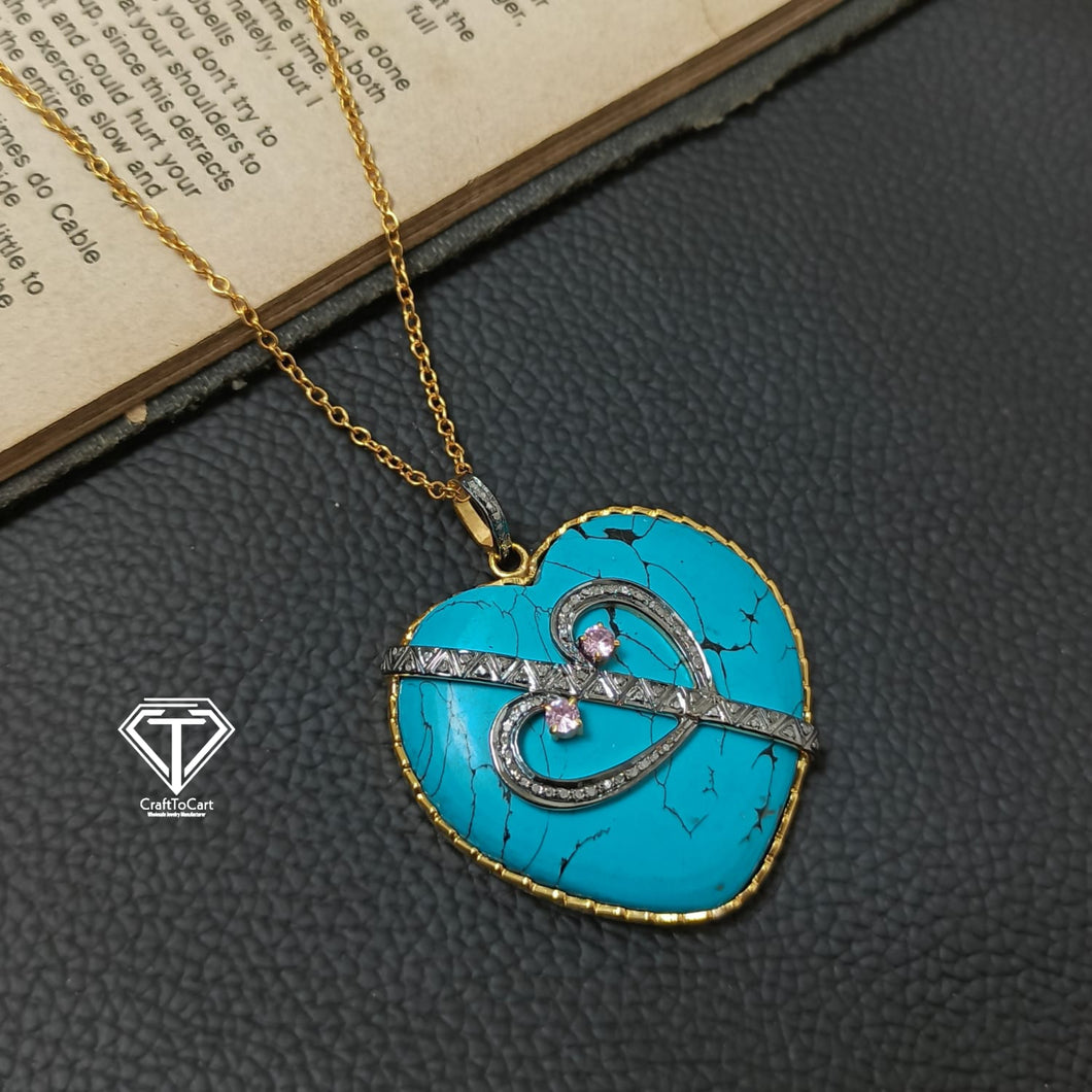 Pave Natural Turquoise Heart Pendant, Pave Diamond heart Pendant, Pave Diamond Jewelry