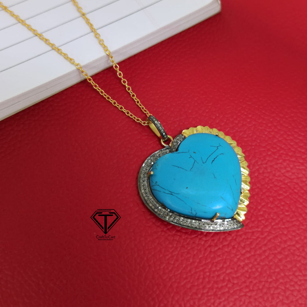 Pave Natural Turquoise Heart Pendant, Pave Diamond heart Pendant, Pave Diamond Jewelry