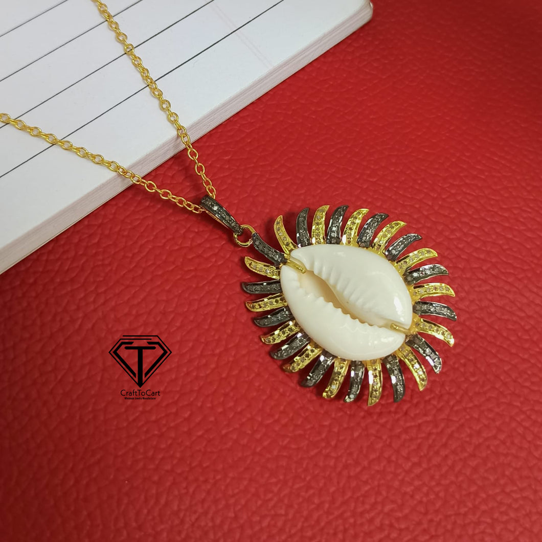 Cowrie Pendant, Pave Diamond Sea Shell Pendant, Handmade Jewelry