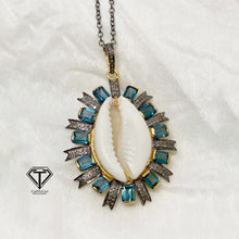 Load image into Gallery viewer, Cowrie Pendant With London Blue Topaz, Pave Diamond Sea Shell Pendant, Handmade Jewelry
