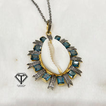 Load image into Gallery viewer, Cowrie Pendant With London Blue Topaz, Pave Diamond Sea Shell Pendant, Handmade Jewelry
