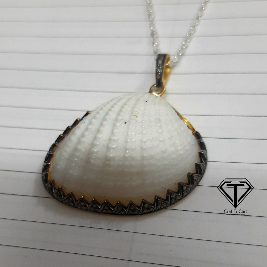 Pave Unique Sea Shell Pendant, 925 Sterling Silver, Pave Diamond Jewelry, Handmade Jewelry