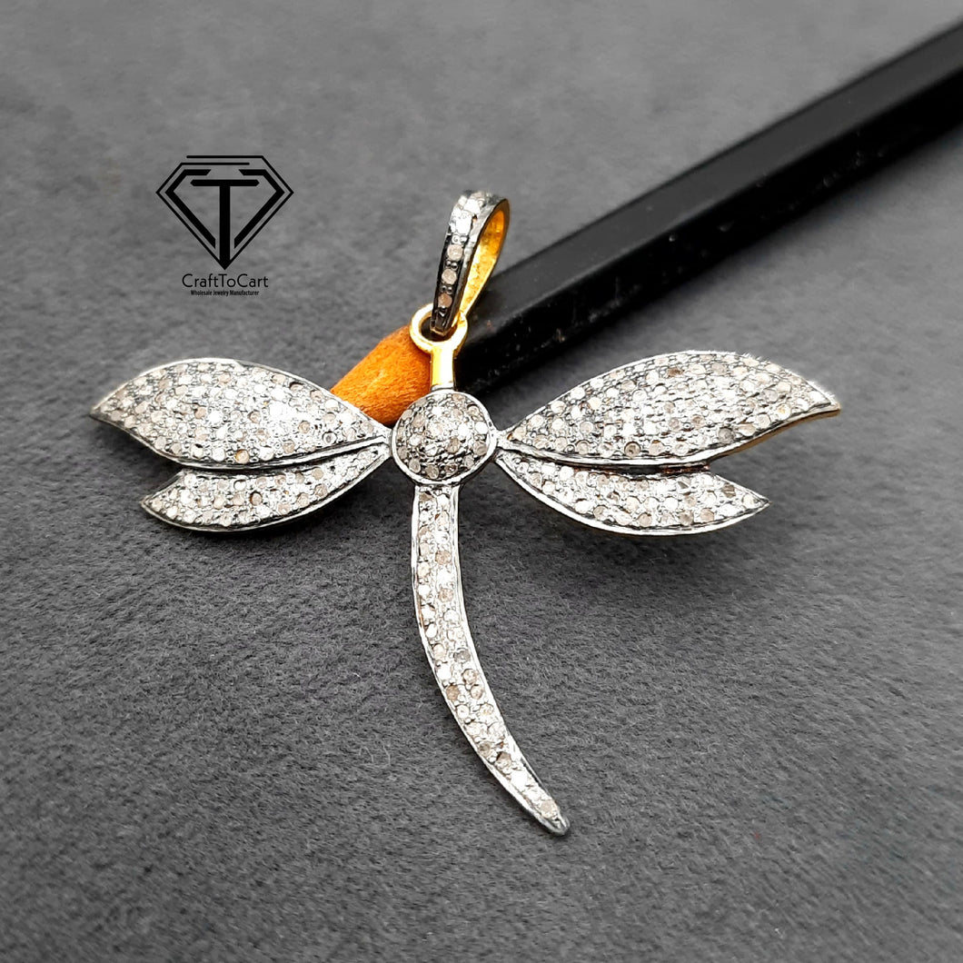 Pave Diamond Dragonfly Pendant, Fly Pendant, Pave Diamond Jewelry, Handmade Jewelry