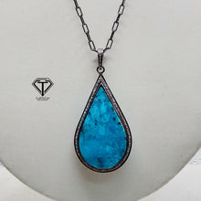 Load image into Gallery viewer, Pave Natural Turquoise Pendant, Pave Diamond Pendant, Pave Diamond Jewelry
