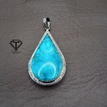 Load image into Gallery viewer, Pave Natural Turquoise Pendant, Pave Diamond Pendant, Pave Diamond Jewelry
