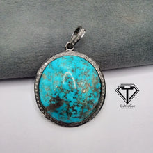 Load image into Gallery viewer, Pave Natural Turquoise Pendant, Pave Diamond Pendant, Pave Diamond Jewelry
