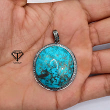 Load image into Gallery viewer, Pave Natural Turquoise Pendant, Pave Diamond Pendant, Pave Diamond Jewelry
