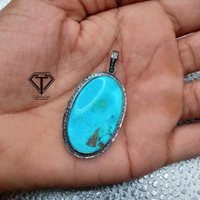 Load image into Gallery viewer, Pave Natural Turquoise Pendant, Pave Diamond Pendant, Pave Diamond Jewelry
