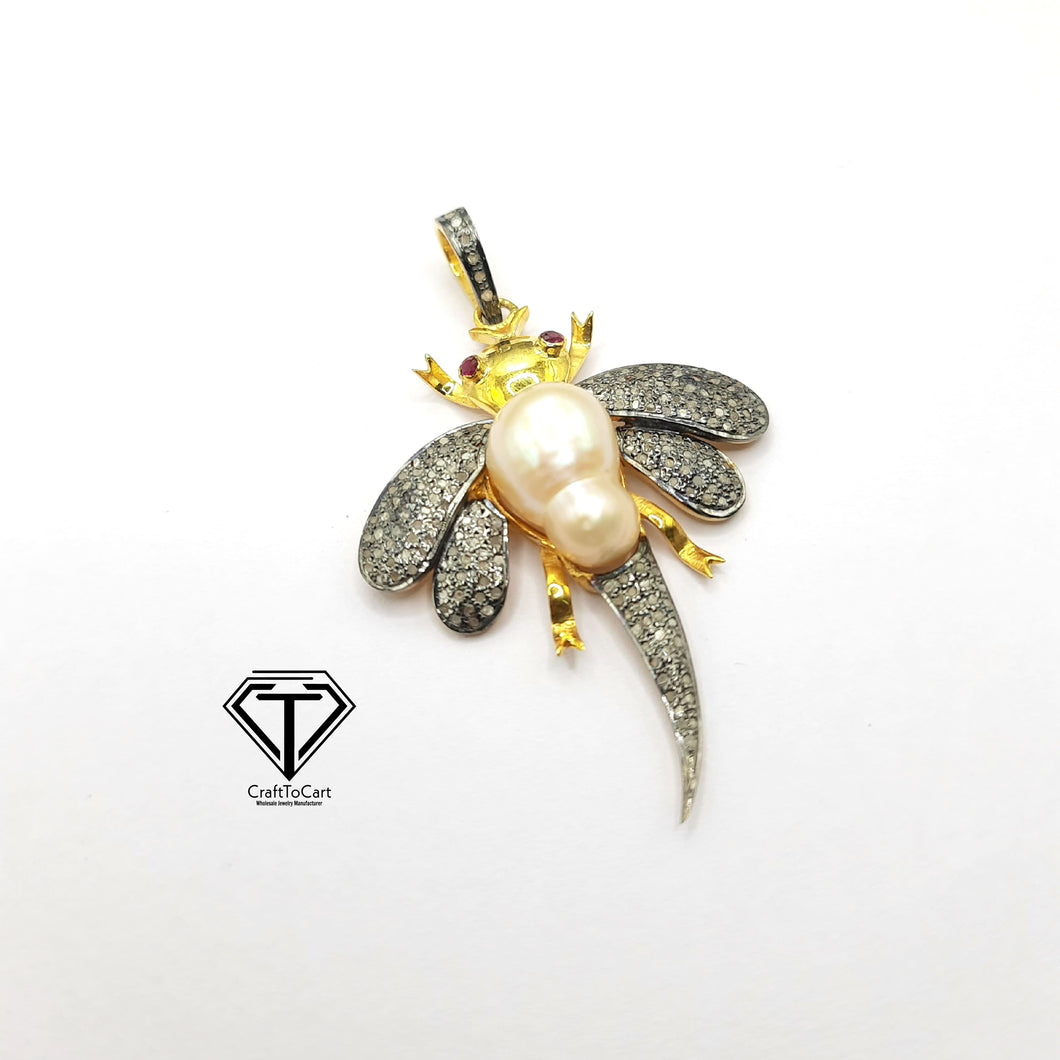 Pave Diamond Pearl Two Tone Jumping fly Pendant, Wasp Pendant, Insect Pendant, Pave Diamond Jewelry