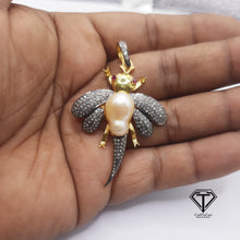 Load image into Gallery viewer, Pave Diamond Pearl Two Tone Jumping fly Pendant, Wasp Pendant, Insect Pendant, Pave Diamond Jewelry
