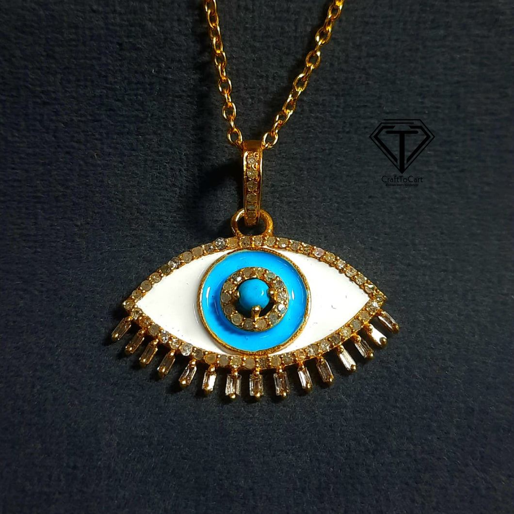 Enamel Pendant, Pave Diamond Enamel Evil Eye Pendant, 925 Sterling Silver, Pave Diamond Pendant, Evil Eye Charm Pendant