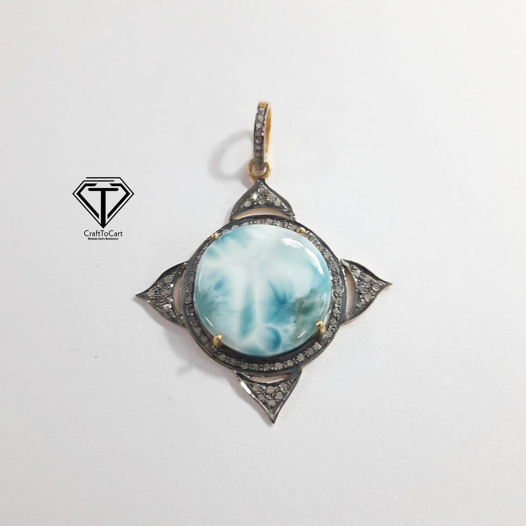 Pave Diamond Larimar Pendant, 925 Sterling Silver, Pave Diamond Jewelry, Handmade Jewelry