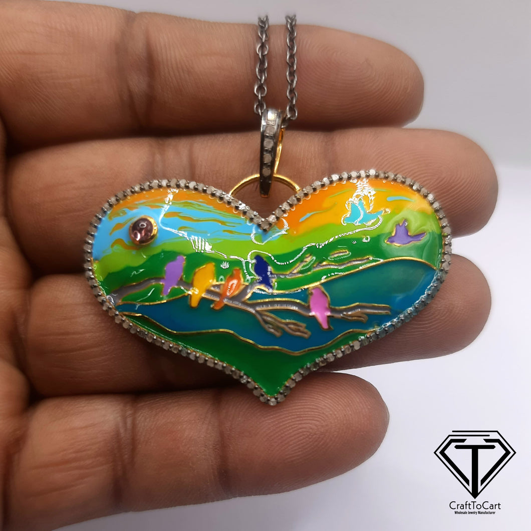 Pave Diamond Heart Enamel Pendant, Enamel Pendant, Handmade Jewelry