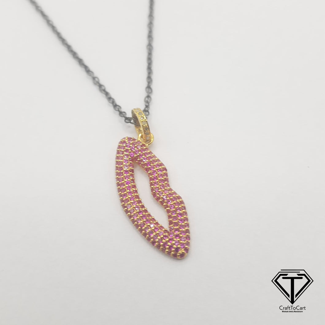 Lips Pendant, Pink Sapphire Pendant, 925 Sterling Silver, Diamond Findings, Pave Diamond Jewelry