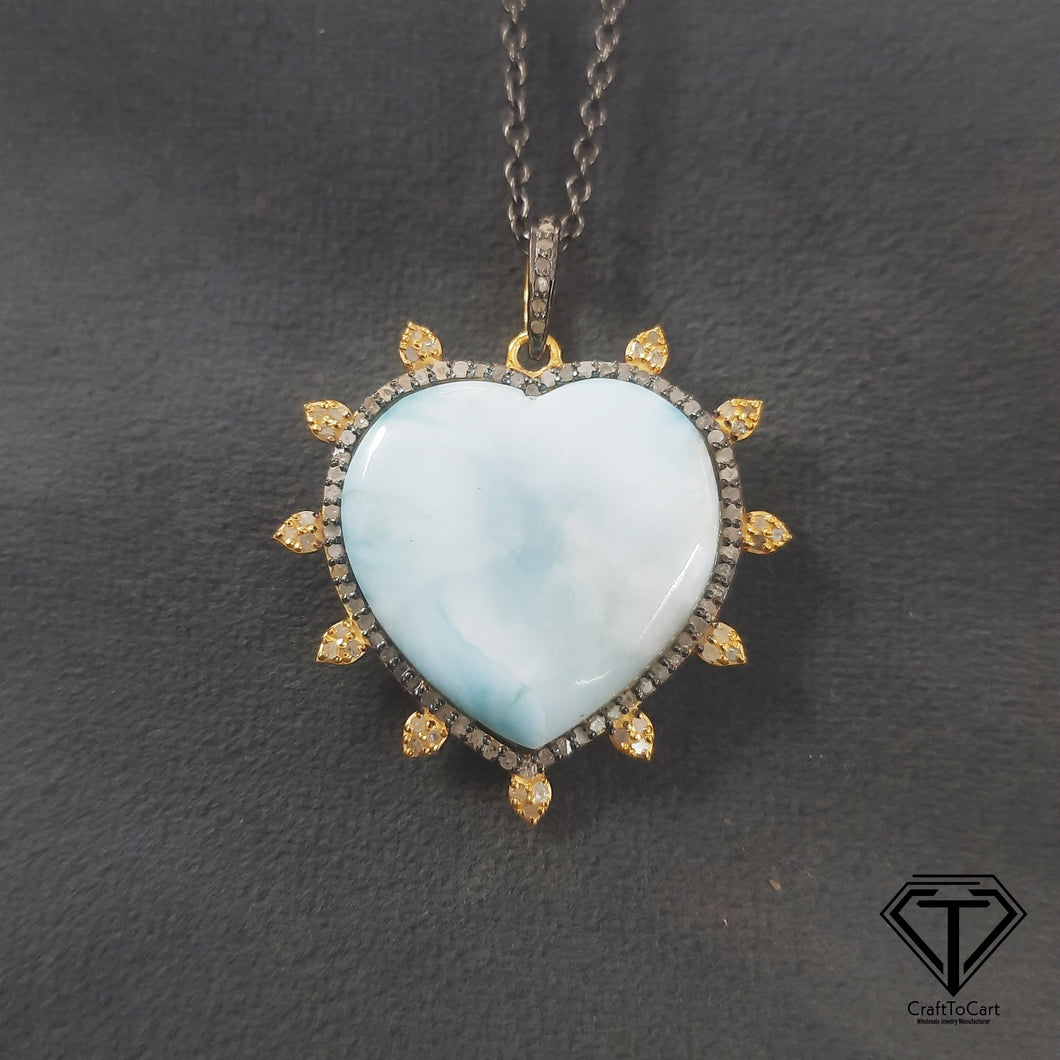 Pave Diamond Larimar Heart Pendant, 925 Sterling Silver, Pave Diamond Jewelry, Handmade Jewelry