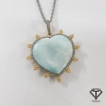 Load image into Gallery viewer, Pave Diamond Larimar Heart Pendant, 925 Sterling Silver, Pave Diamond Jewelry, Handmade Jewelry
