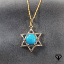 Load image into Gallery viewer, Pave Natural Turquoise Star Pendant, Pave Diamond heart Pendant, Pave Diamond Jewelry
