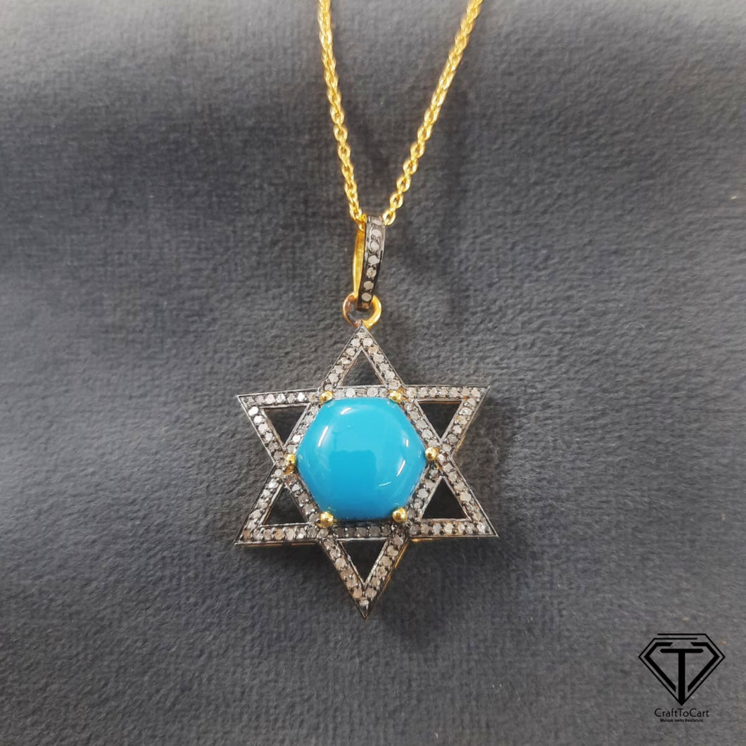 Pave Natural Turquoise Star Pendant, Pave Diamond heart Pendant, Pave Diamond Jewelry