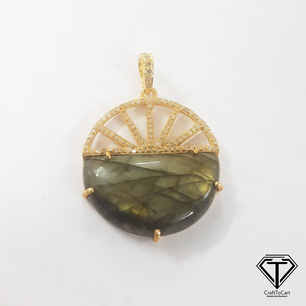 Pave Natural Labradorite Pendant, Pave Diamond Pendant, Pave Diamond Jewelry