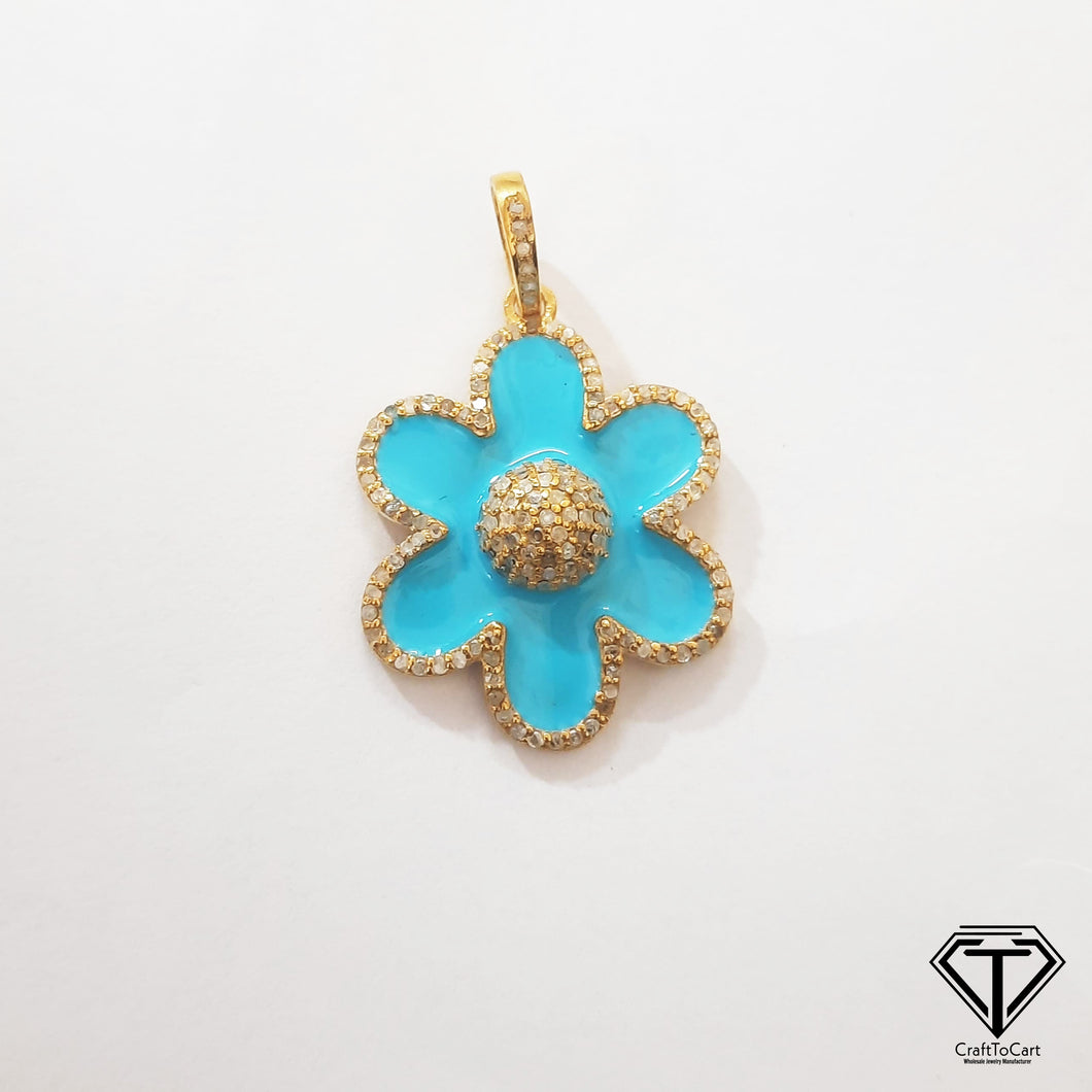 Enamel flower Pendant, 925 Sterling Silver Pave Diamond Enamel Flower Charm Pendant, Enameled Flower Pendant, Diamond Pendant Jewelry