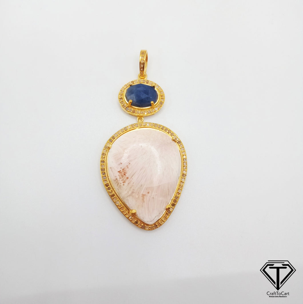 Pave Diamond Blue Sapphire & Scolecite Pendant, Pave Diamond Round Pendant, 925 Sterling Silver, Diamond Jewelry