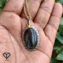 Load image into Gallery viewer, Pave Natural Labradorite Pendant, Pave Diamond Pendant, Pave Diamond Jewelry
