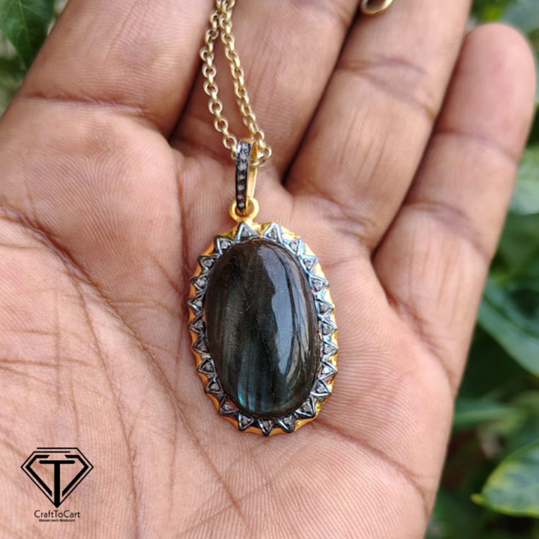 Pave Natural Labradorite Pendant, Pave Diamond Pendant, Pave Diamond Jewelry