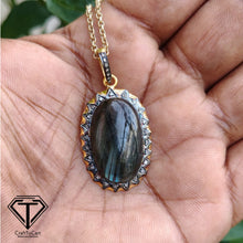 Load image into Gallery viewer, Pave Natural Labradorite Pendant, Pave Diamond Pendant, Pave Diamond Jewelry
