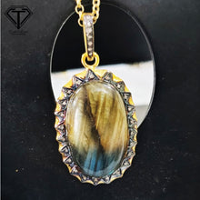 Load image into Gallery viewer, Pave Natural Labradorite Pendant, Pave Diamond Pendant, Pave Diamond Jewelry
