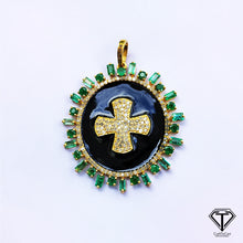 Load image into Gallery viewer, Emerald Cross Pendant, 925 Sterling Silver, Pave Diamond Jewelry, Handmade Jewelry
