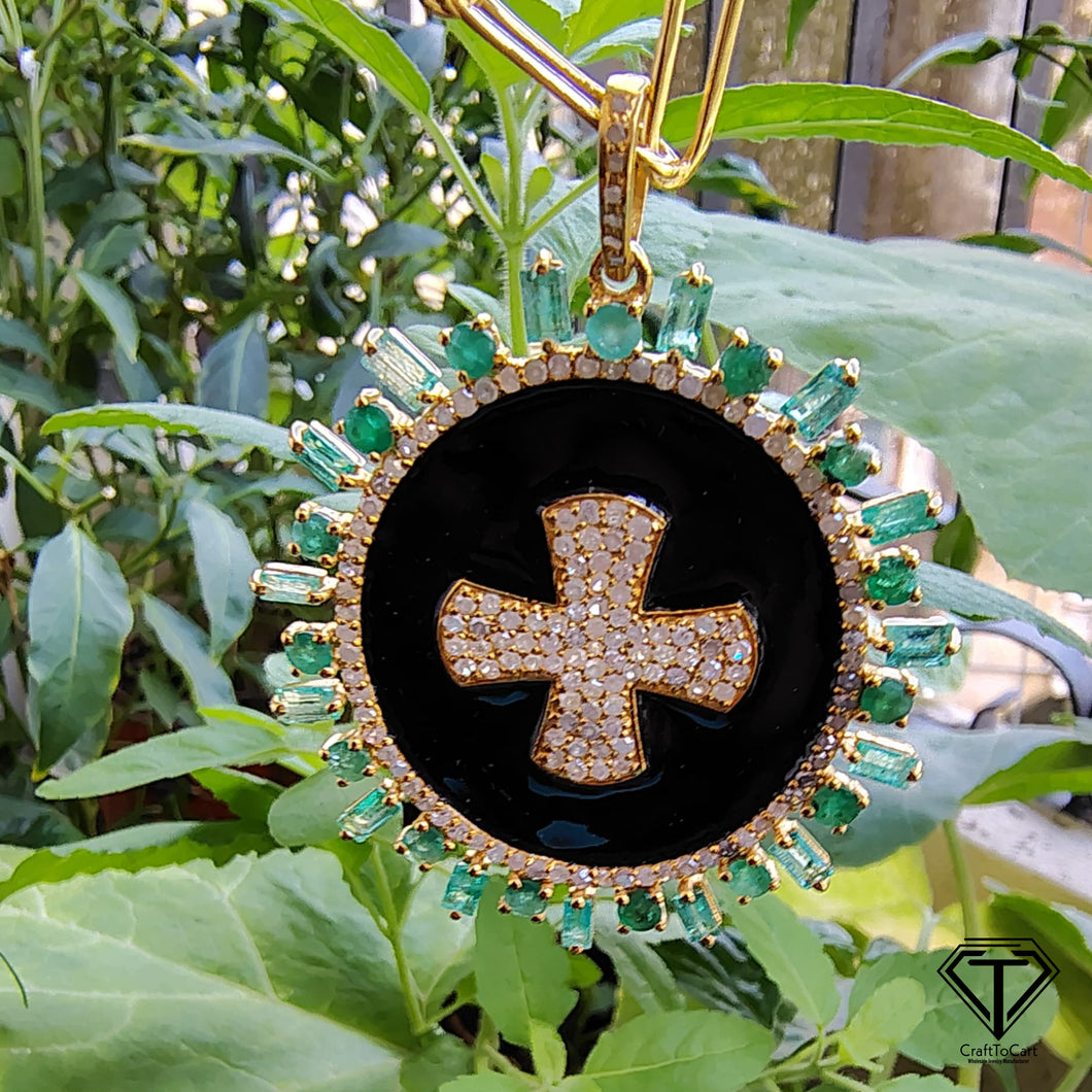 Emerald Cross Pendant, 925 Sterling Silver, Pave Diamond Jewelry, Handmade Jewelry