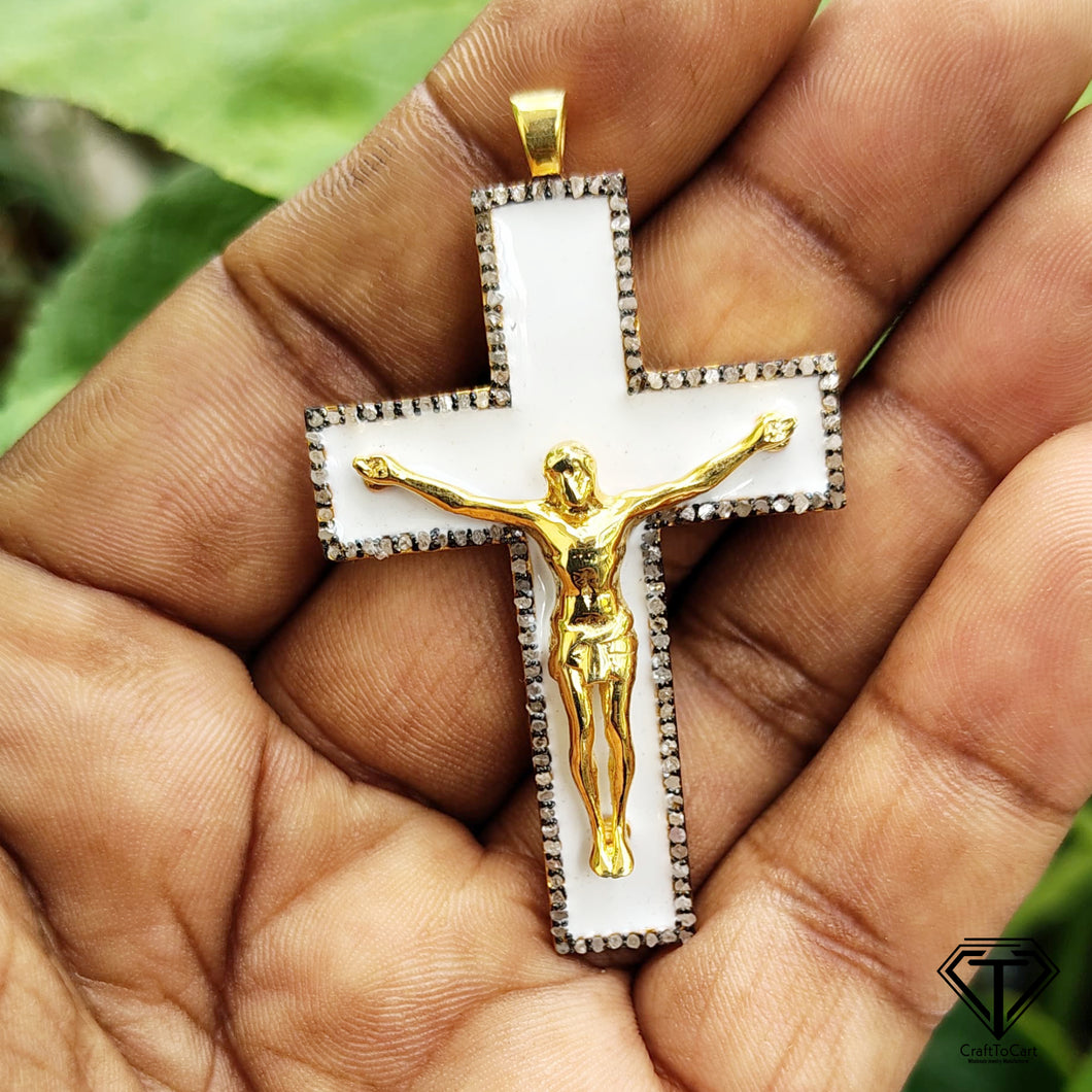 Cross Enamel Pendant, Pave Diamond Enamel Pendant, 925 Sterling Silver, Pave Diamond Jewelry, Handmade Jewelry