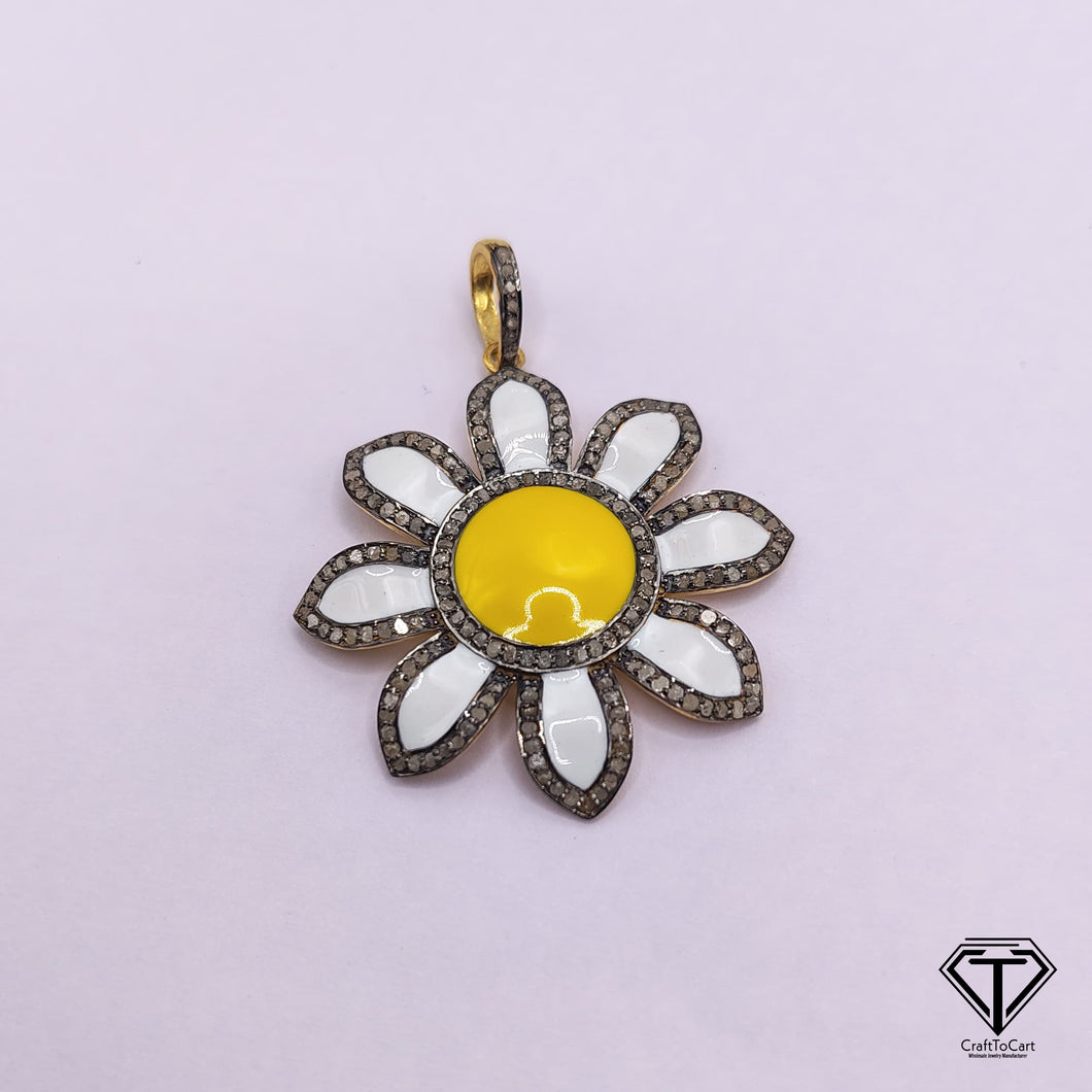 Enamel flower Pendant, 925 Sterling Silver Pave Diamond Enamel Flower Charm Pendant, Enameled Flower Pendant, Diamond Pendant Jewelry