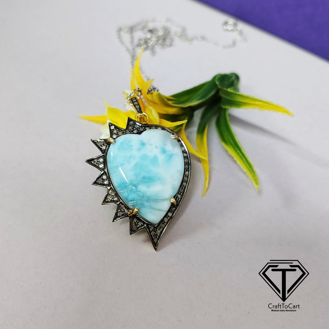 Pave Natural Turquoise Heart Pendant, Pave Diamond heart Pendant, Pave Diamond Jewelry
