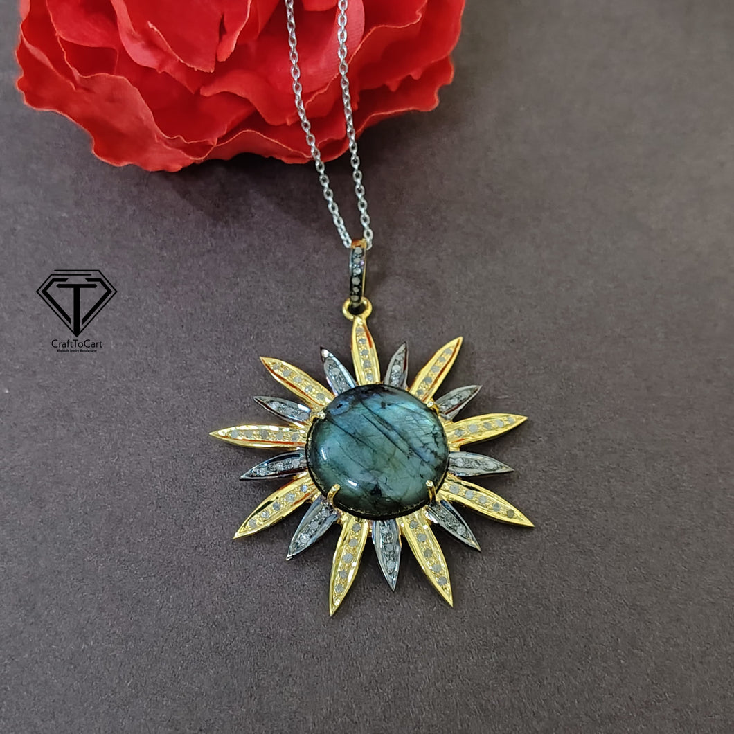 Pave Natural Labradorite Pendant, Pave Diamond Pendant, Pave Diamond Jewelry