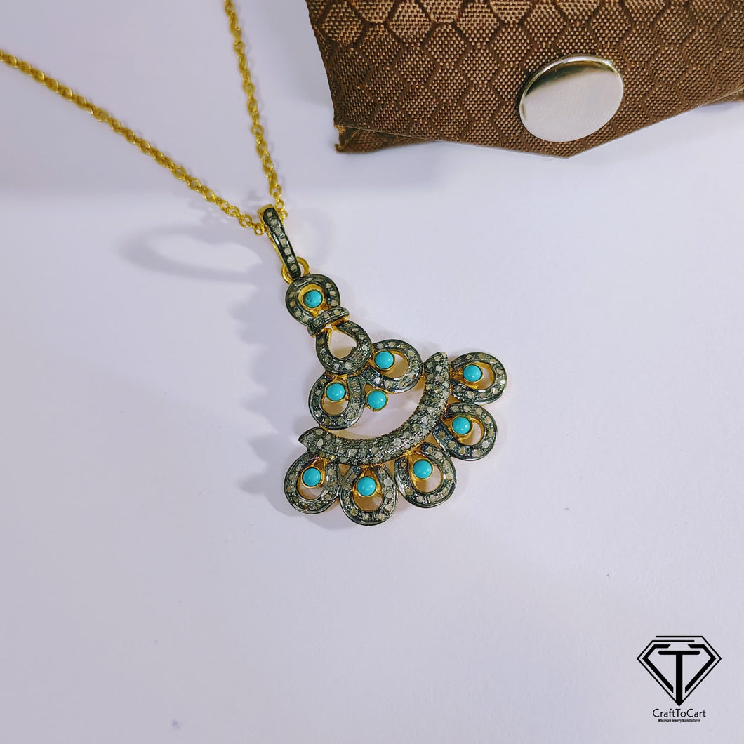 Pave Diamond & Turquoise Pendant, 925 Sterling Silver, Diamond Findings, Pave Diamond Jewelry