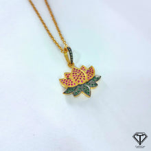 Load image into Gallery viewer, Pave Lotus Flower Charm, Pave Pink and Green Sapphire Charms, Pave Pink and Green sapphire Jewelry
