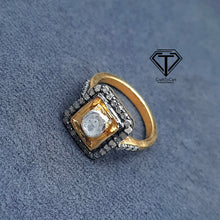 Load image into Gallery viewer, Square Polki Ring, Pave Diamond Ring With Polki, 925 Sterling Silver Handmade Rings
