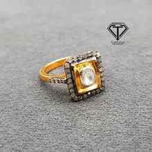 Load image into Gallery viewer, Square Polki Ring, Pave Diamond Ring With Polki, 925 Sterling Silver Handmade Rings
