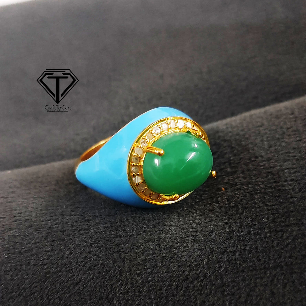 Chrysoprase Ring, Diamond Handmade Designer Rings, 925 Sterling Silver Handmade Rings, Ring Jewelry