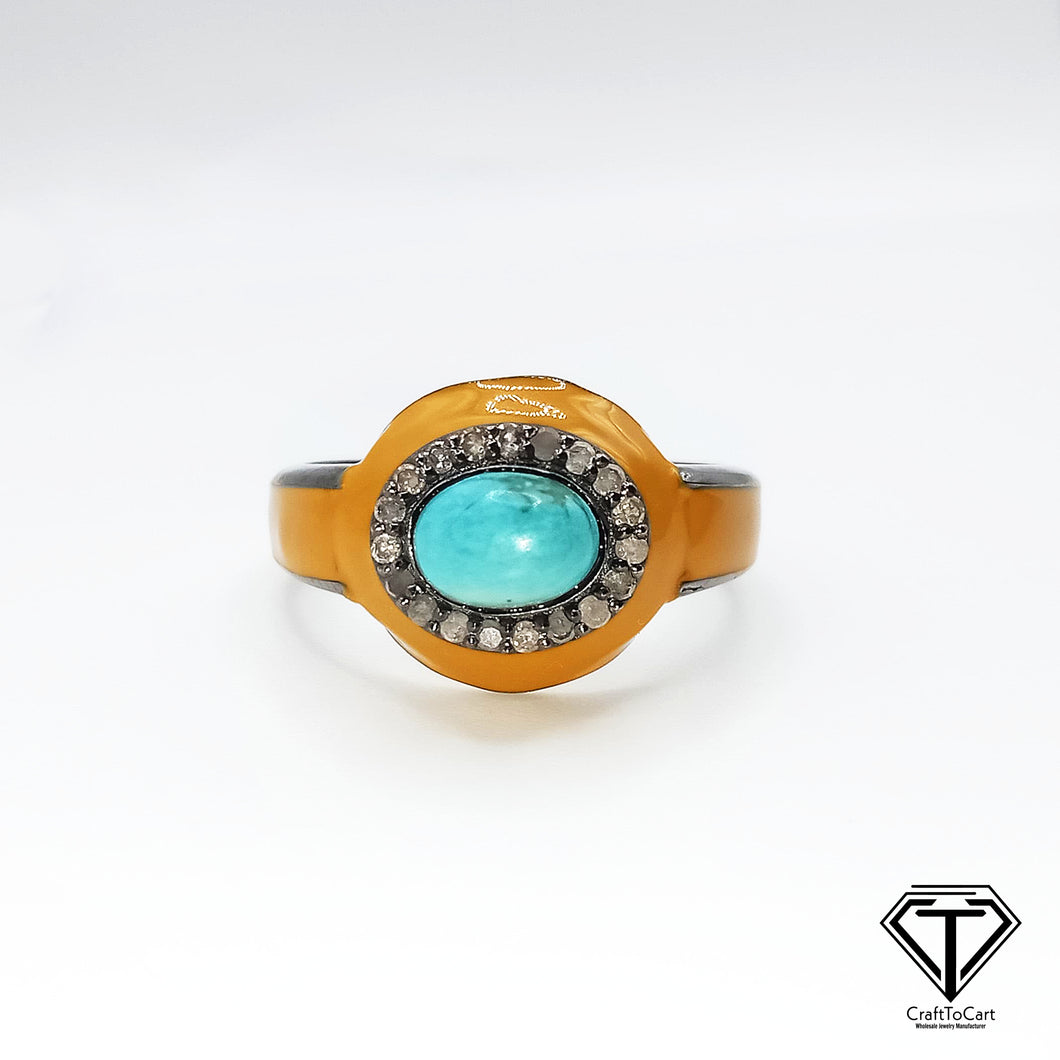 Turquoise Enamel Ring, Beautiful Minimalist Enamel Ring With Natural Uncut Diamond