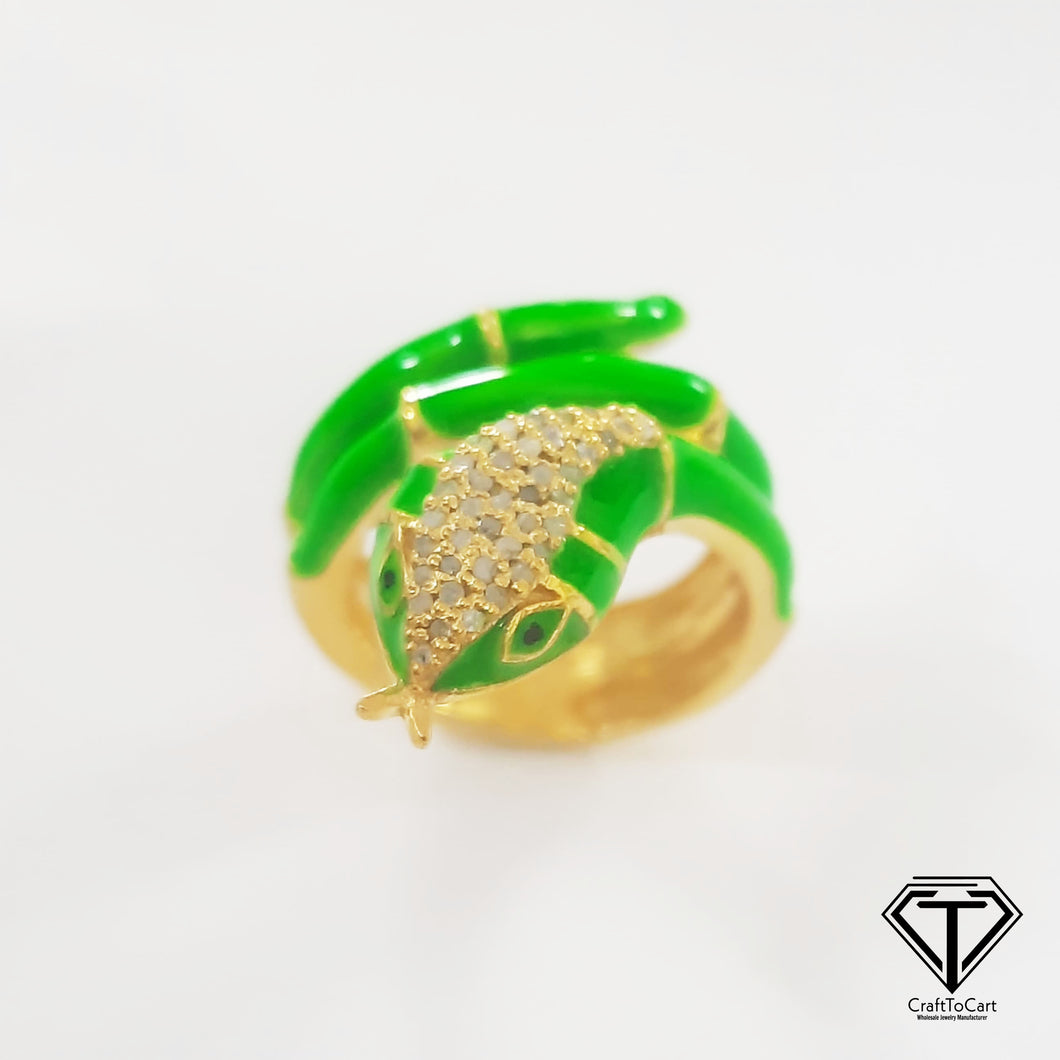 Snake Enamel Ring, Beautiful Minimalist Enamel Ring With Natural Uncut Diamond