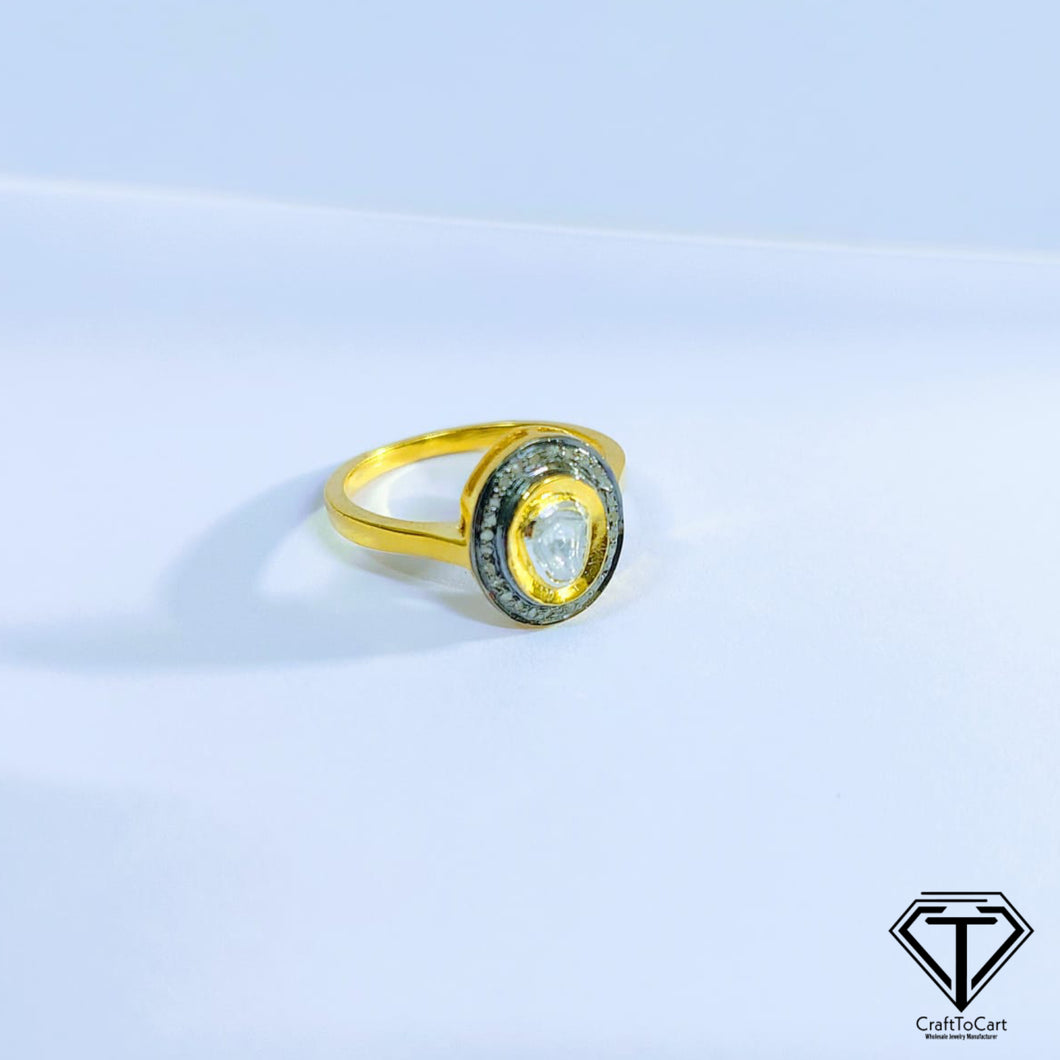 Pave Diamond Polki Ring, Beautiful Minimalist Ring With Natural Uncut Diamond