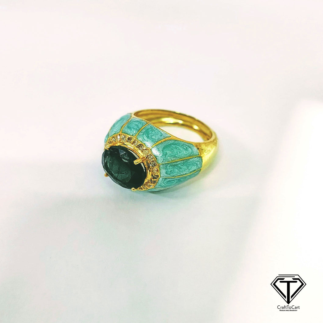Pave Diamond Enamel Ring, Beautiful CraftToCart Enamel Ring With Green Tourmaline, Single Cut Diamond, Italian Enamel